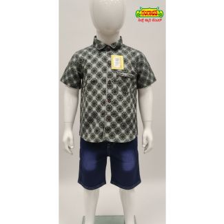 Gangavathi Kids' Geometric Print Cotton Shirt and Denim Shorts set