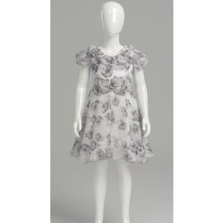 Girls white and grey floral organza dress with ruffle neckline and bow detail