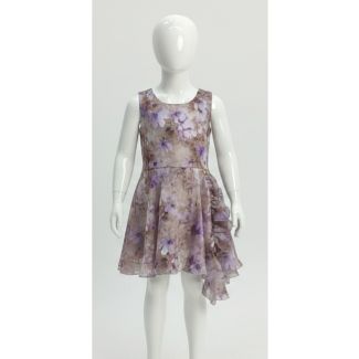 Child's sleeveless fit and flare dress with purple floral print and side ruffle, India
