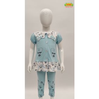 Light blue girls' two-piece outfit featuring a tunic top with printed ruffle and fitted printed leggings, India