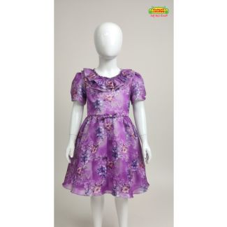 Girls knee-length purple floral organza party dress with ruffle neckline India