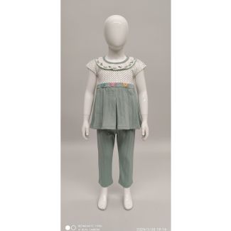 Sage green polka dot cotton top and pant set for girls India