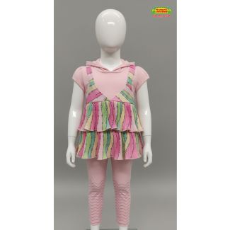 Mannequin wearing a light pink hooded t-shirt layered under a multi-colored vertical striped tiered tunic top and pink chevron leggings in India