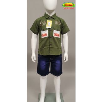 Green cotton shirt and denim shorts set for boys by GOMMAS - casual wear