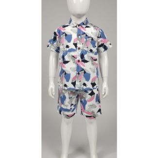 White base short sleeve shirt and shorts set for kids with blue, pink, and grey abstract print