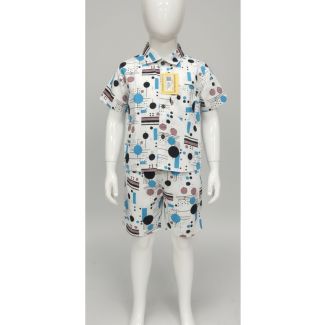 White base cotton two-piece set for kids featuring blue, black, and maroon abstract geometric prints