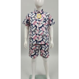 Kids abstract print cotton shirt and shorts set with navy blue, pink, and gray pattern