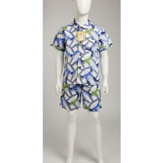 Kids blue green abstract print cotton shirt and shorts set - Gangavathi Exports