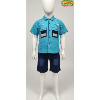 Aqua blue kids shirt with denim shorts, perfect for summer casual wear - Gangavathi Exports