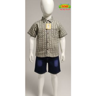 Kids beige checkered cotton shirt and navy denim shorts set - Gangavathi Exports