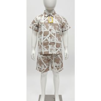 Kids' beige geometric print cotton shirt and shorts set
