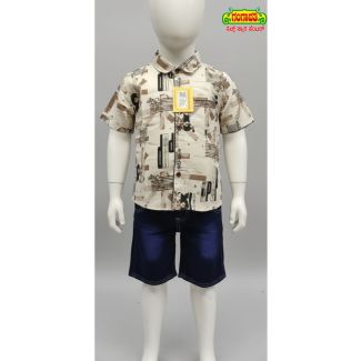 Kids Beige Printed Cotton Shirt and Navy Denim Shorts Set - Gangavathi Exports