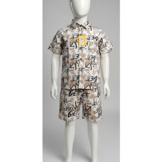Beige printed cotton shirt and shorts set for kids with abstract print - Gangavathi Exports
