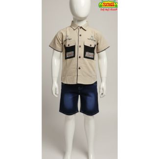 Kids beige short sleeve shirt and denim shorts set - casual wear outfit