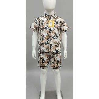 Kid's beige and brown abstract print cotton shirt and shorts set