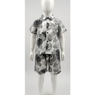 Kids' black and white leaf print cotton short sleeve set - Gangavathi Exports