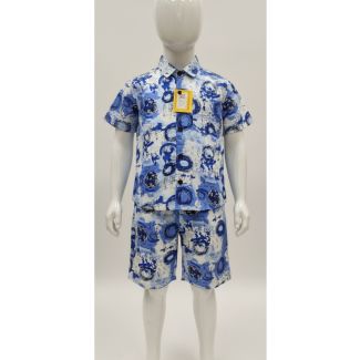 Kids blue abstract print cotton shirt and shorts set