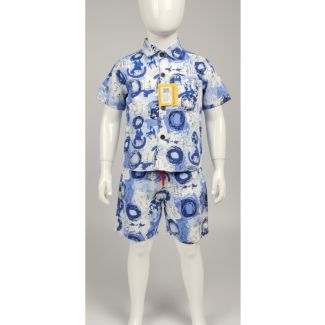 Kids' Blue and White Abstract Print Cotton Shirt & Shorts Set - casual summer wear - Gangavathi Exports
