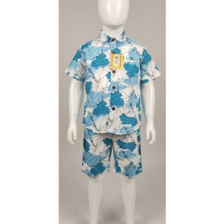 White background image of a child mannequin wearing a blue and white tropical print short sleeve button-down shirt and matching shorts.