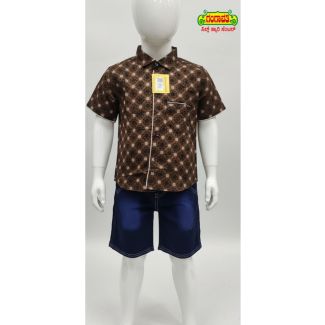 Kid's brown diamond pattern cotton shirt and dark blue denim shorts set - Casual wear