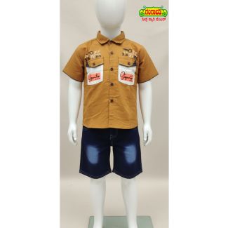 Kids' Brown Shirt & Blue Denim Shorts Set - Casual Outfit - Gangavathi Exports