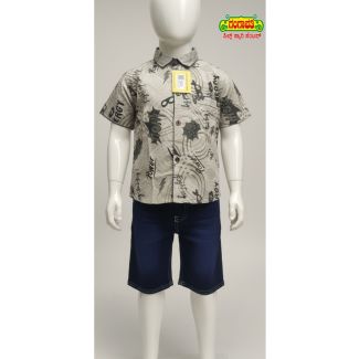 Kids' Graphic Print Shirt and Navy Denim Shorts Set - Gangavathi Exports