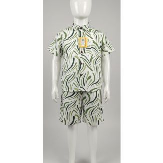 Kids set featuring a short sleeve shirt and matching shorts with an all-over olive green abstract pattern on a white base.