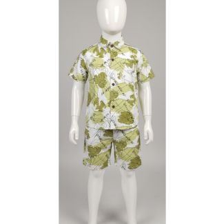 Green and white print cotton kids shirt and shorts set - Gangavathi Exports