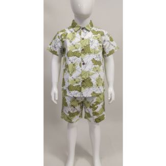 Kids' green and white printed cotton shirt and shorts set - Gangavathi Exports