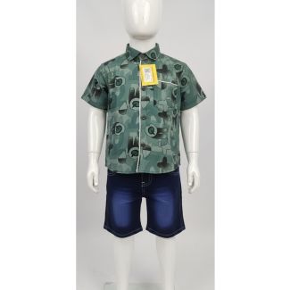 Kids Green Print Cotton Shirt and Denim Shorts Set - Gangavathi Exports
