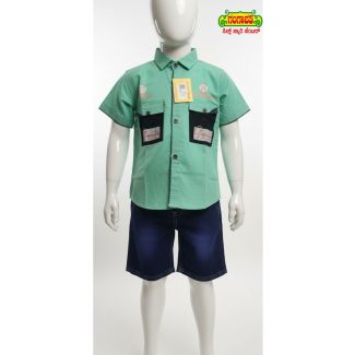 Kids' Green Shirt and Blue Denim Shorts set - Gangavathi Exports