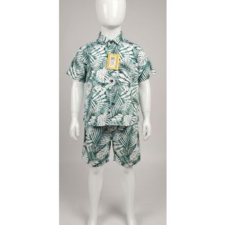 Kids green tropical leaf print cotton shirt and shorts set - Gangavathi Exports