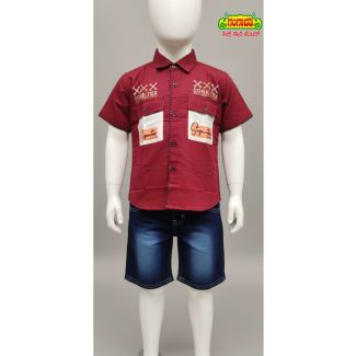 Kids maroon cotton shirt and denim shorts set - perfect for everyday wear.