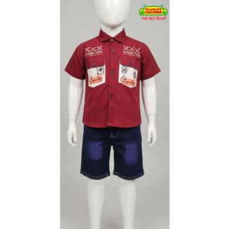 Maroon cotton shirt with denim shorts kids wear set - Gangavathi Exports