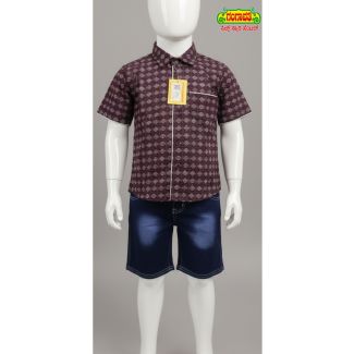Maroon diamond pattern kid's cotton shirt and denim shorts set