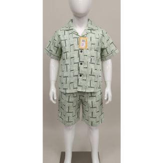 Mint green kids shirt and shorts set with a geometric print - Gangavathi Exports