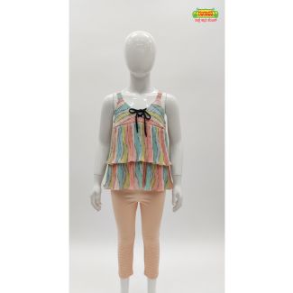 Child mannequin wearing a multi-color vertically striped tiered sleeveless top and peach 3/4 length leggings in India
