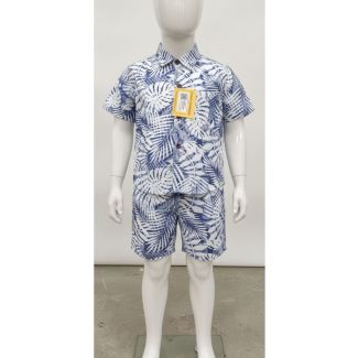 Navy Blue and White Leaf Print Cotton Kids' Shirt and Shorts Set - Gangavathi Exports