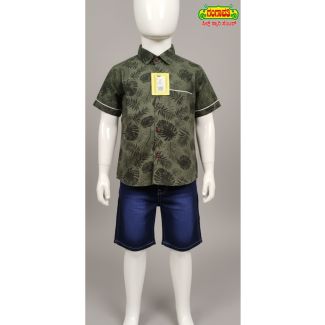 Kids' Olive Green printed cotton shirt and denim shorts set