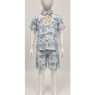 Pastel blue geometric cotton kids shirt and shorts set - Gangavathi Exports