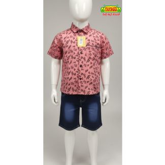 Kids' Peach Floral Printed Cotton Shirt with Denim Shorts Set - Gangavathi Exports