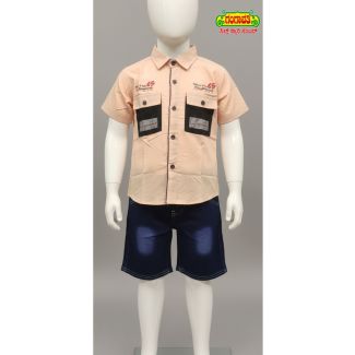 Kid's Peach Shirt & Navy Shorts Set - Casual Outfit