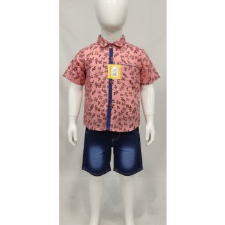 Kid's pink floral print cotton shirt with denim shorts - Gangavathi Exports