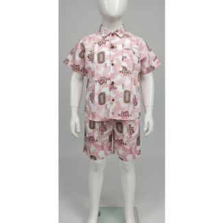Child's size pink and white all-over logo print short sleeve button-up shirt and shorts set