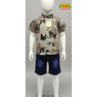 Kids printed brown cotton shirt and blue denim shorts set - Gangavathi Exports