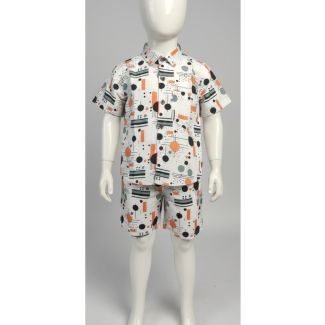 White cotton kids shirt and shorts set with an abstract print, short sleeve - Gangavathi Exports