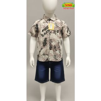 Kids' Printed Beige Cotton Shirt & Navy Denim Shorts Set - Gangavathi Exports