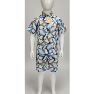 Kids' blue and white geometric printed cotton shirt and shorts set - Gangavathi Exports