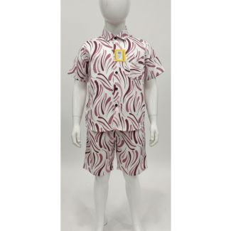 Kids' printed white cotton shirt and shorts set with burgundy brushstroke pattern - Summer Casual Wear