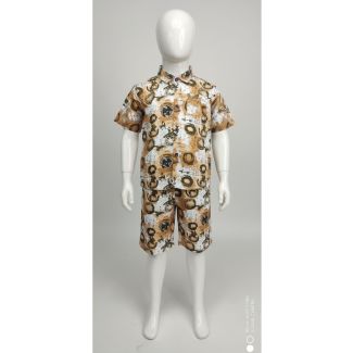 Kids' printed cotton shirt and shorts set featuring brown and olive shapes